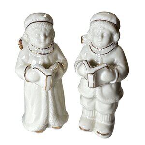 Christmas Caroler Figurines 3 3/4" White w/ Gold Accents Set of 2 Ceramic Vtg